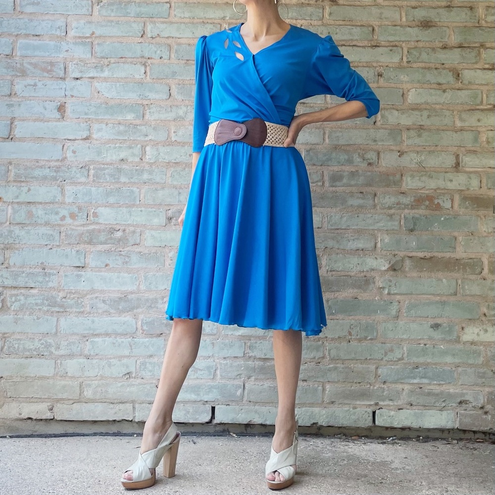 Vintage Swing Dress 70s True Blue Stretch Dance Full Twirl Skirt Disco Wrap